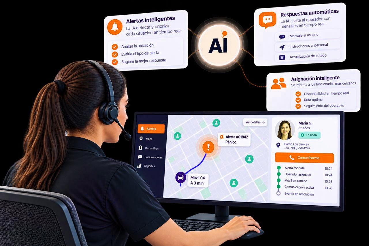 Operadora gestionando alertas inteligentes desde la plataforma Tubotón